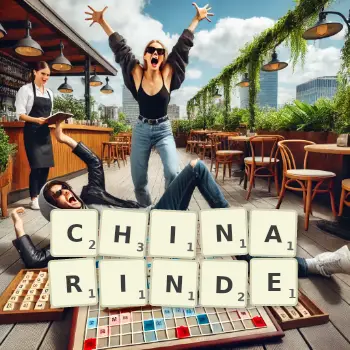 Kreative Illustration für ein Scrabble-Spiel, bei dem das Wort CHINARINDE mit Steinen auf dem Brett gelegt wurde.