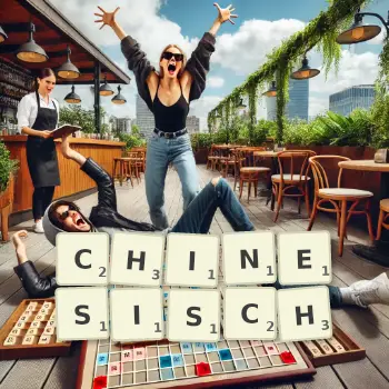 Kreative Illustration für ein Scrabble-Spiel, bei dem das Wort CHINESISCH mit Steinen auf dem Brett gelegt wurde.