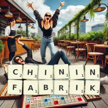 Kreative Illustration für ein Scrabble-Spiel, bei dem das Wort CHININFABRIK mit Steinen auf dem Brett gelegt wurde.