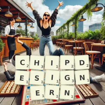 Kreative Illustration für ein Scrabble-Spiel, bei dem das Wort CHIPDESIGNERN mit Steinen auf dem Brett gelegt wurde.