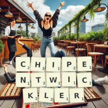 Kreative Illustration für ein Scrabble-Spiel, bei dem das Wort CHIPENTWICKLER mit Steinen auf dem Brett gelegt wurde.