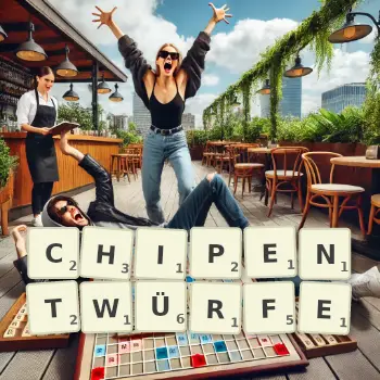 Kreative Illustration für ein Scrabble-Spiel, bei dem das Wort CHIPENTWÜRFE mit Steinen auf dem Brett gelegt wurde.