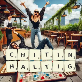 Kreative Illustration für ein Scrabble-Spiel, bei dem das Wort CHITINHALTIG mit Steinen auf dem Brett gelegt wurde.