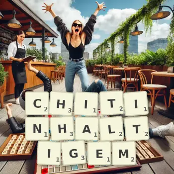 Kreative Illustration für ein Scrabble-Spiel, bei dem das Wort CHITINHALTIGEM mit Steinen auf dem Brett gelegt wurde.