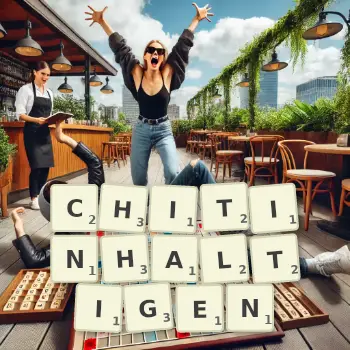 Kreative Illustration für ein Scrabble-Spiel, bei dem das Wort CHITINHALTIGEN mit Steinen auf dem Brett gelegt wurde.