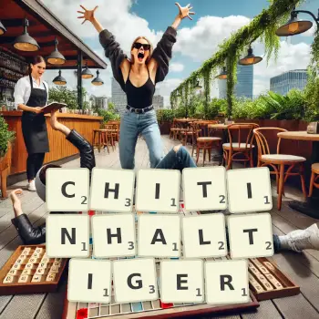Kreative Illustration für ein Scrabble-Spiel, bei dem das Wort CHITINHALTIGER mit Steinen auf dem Brett gelegt wurde.