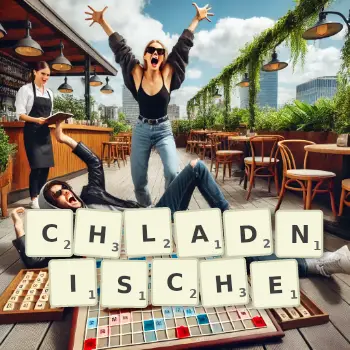 Kreative Illustration für ein Scrabble-Spiel, bei dem das Wort CHLADNISCHE mit Steinen auf dem Brett gelegt wurde.