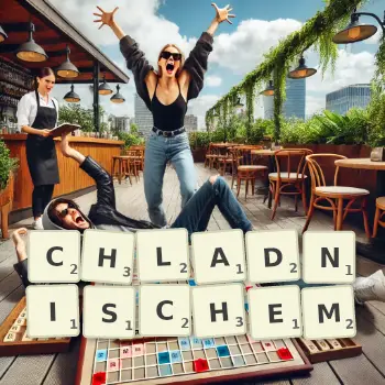 Kreative Illustration für ein Scrabble-Spiel, bei dem das Wort CHLADNISCHEM mit Steinen auf dem Brett gelegt wurde.