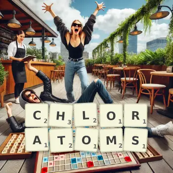 Kreative Illustration für ein Scrabble-Spiel, bei dem das Wort CHLORATOMS mit Steinen auf dem Brett gelegt wurde.