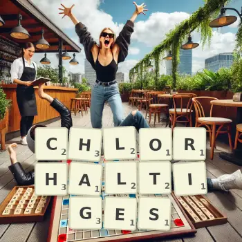 Kreative Illustration für ein Scrabble-Spiel, bei dem das Wort CHLORHALTIGES mit Steinen auf dem Brett gelegt wurde.