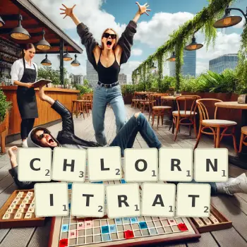 Kreative Illustration für ein Scrabble-Spiel, bei dem das Wort CHLORNITRAT mit Steinen auf dem Brett gelegt wurde.