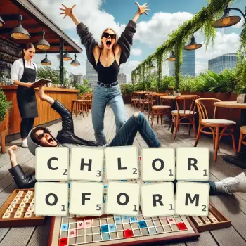 Kreative Illustration für ein Scrabble-Spiel, bei dem das Wort CHLOROFORM mit Steinen auf dem Brett gelegt wurde.