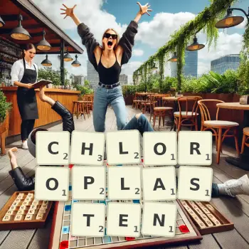 Kreative Illustration für ein Scrabble-Spiel, bei dem das Wort CHLOROPLASTEN mit Steinen auf dem Brett gelegt wurde.