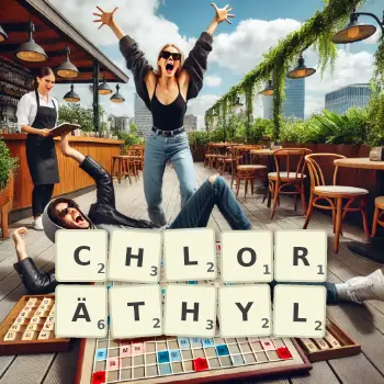 Kreative Illustration für ein Scrabble-Spiel, bei dem das Wort CHLORÄTHYL mit Steinen auf dem Brett gelegt wurde.