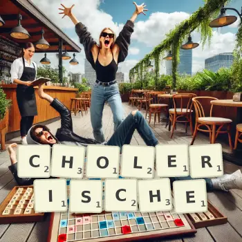 Kreative Illustration für ein Scrabble-Spiel, bei dem das Wort CHOLERISCHE mit Steinen auf dem Brett gelegt wurde.