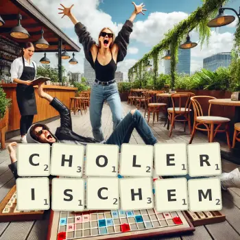 Kreative Illustration für ein Scrabble-Spiel, bei dem das Wort CHOLERISCHEM mit Steinen auf dem Brett gelegt wurde.