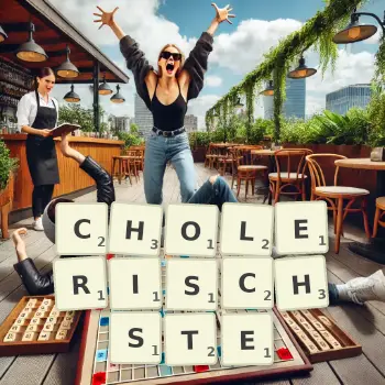 Kreative Illustration für ein Scrabble-Spiel, bei dem das Wort CHOLERISCHSTE mit Steinen auf dem Brett gelegt wurde.