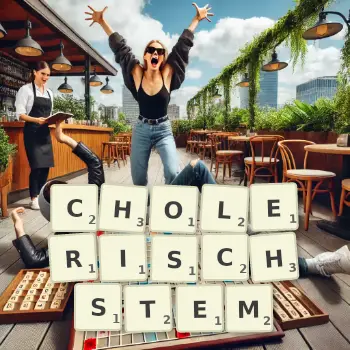 Kreative Illustration für ein Scrabble-Spiel, bei dem das Wort CHOLERISCHSTEM mit Steinen auf dem Brett gelegt wurde.