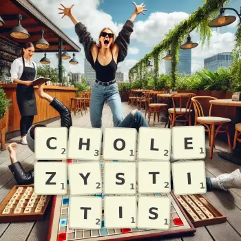 Kreative Illustration für ein Scrabble-Spiel, bei dem das Wort CHOLEZYSTITIS mit Steinen auf dem Brett gelegt wurde.