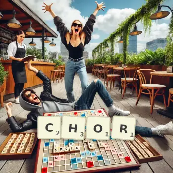 Kreative Illustration für ein Scrabble-Spiel, bei dem das Wort CHOR mit Steinen auf dem Brett gelegt wurde.