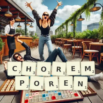 Kreative Illustration für ein Scrabble-Spiel, bei dem das Wort CHOREMPOREN mit Steinen auf dem Brett gelegt wurde.