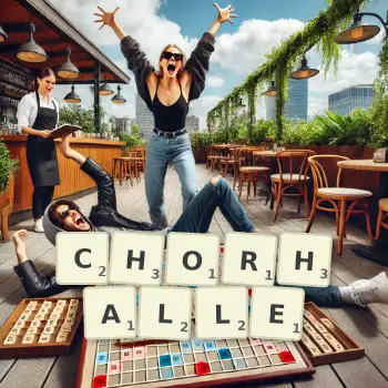 Kreative Illustration für ein Scrabble-Spiel, bei dem das Wort CHORHALLE mit Steinen auf dem Brett gelegt wurde.