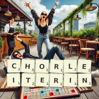 Kreative Illustration für ein Scrabble-Spiel, bei dem das Wort CHORLEITERIN mit Steinen auf dem Brett gelegt wurde.