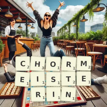 Kreative Illustration für ein Scrabble-Spiel, bei dem das Wort CHORMEISTERIN mit Steinen auf dem Brett gelegt wurde.