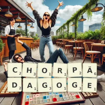 Kreative Illustration für ein Scrabble-Spiel, bei dem das Wort CHORPÄDAGOGE mit Steinen auf dem Brett gelegt wurde.