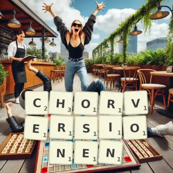 Kreative Illustration für ein Scrabble-Spiel, bei dem das Wort CHORVERSIONEN mit Steinen auf dem Brett gelegt wurde.