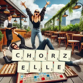 Kreative Illustration für ein Scrabble-Spiel, bei dem das Wort CHORZELLE mit Steinen auf dem Brett gelegt wurde.