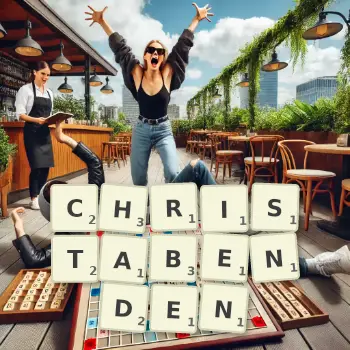 Kreative Illustration für ein Scrabble-Spiel, bei dem das Wort CHRISTABENDEN mit Steinen auf dem Brett gelegt wurde.