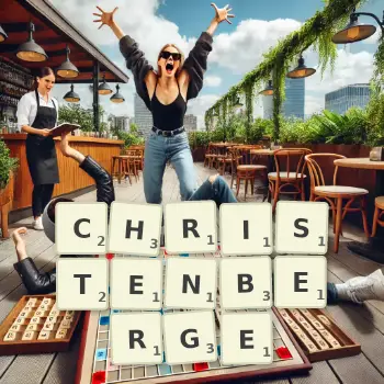 Kreative Illustration für ein Scrabble-Spiel, bei dem das Wort CHRISTENBERGE mit Steinen auf dem Brett gelegt wurde.