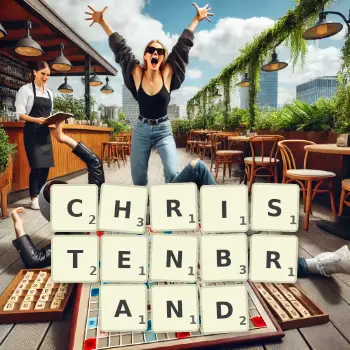 Kreative Illustration für ein Scrabble-Spiel, bei dem das Wort CHRISTENBRAND mit Steinen auf dem Brett gelegt wurde.