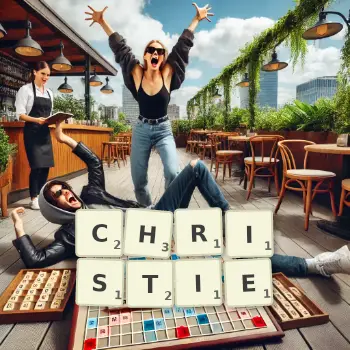 Kreative Illustration für ein Scrabble-Spiel, bei dem das Wort CHRISTIE mit Steinen auf dem Brett gelegt wurde.