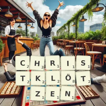 Kreative Illustration für ein Scrabble-Spiel, bei dem das Wort CHRISTKLÖTZEN mit Steinen auf dem Brett gelegt wurde.