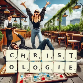Kreative Illustration für ein Scrabble-Spiel, bei dem das Wort CHRISTOLOGIE mit Steinen auf dem Brett gelegt wurde.