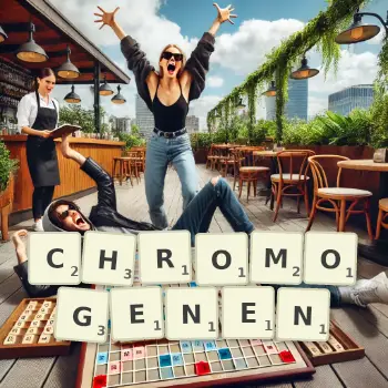 Kreative Illustration für ein Scrabble-Spiel, bei dem das Wort CHROMOGENEN mit Steinen auf dem Brett gelegt wurde.