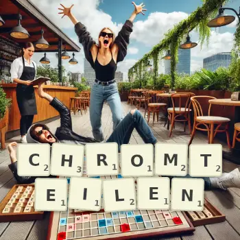 Kreative Illustration für ein Scrabble-Spiel, bei dem das Wort CHROMTEILEN mit Steinen auf dem Brett gelegt wurde.