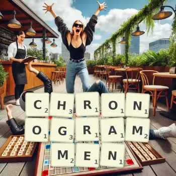Kreative Illustration für ein Scrabble-Spiel, bei dem das Wort CHRONOGRAMMEN mit Steinen auf dem Brett gelegt wurde.