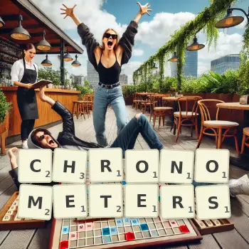 Kreative Illustration für ein Scrabble-Spiel, bei dem das Wort CHRONOMETERS mit Steinen auf dem Brett gelegt wurde.
