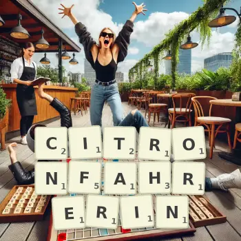 Kreative Illustration für ein Scrabble-Spiel, bei dem das Wort CITRONFAHRERIN mit Steinen auf dem Brett gelegt wurde.