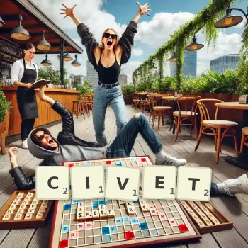 Kreative Illustration für ein Scrabble-Spiel, bei dem das Wort CIVET mit Steinen auf dem Brett gelegt wurde.