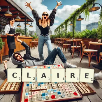 Kreative Illustration für ein Scrabble-Spiel, bei dem das Wort CLAIRE mit Steinen auf dem Brett gelegt wurde.
