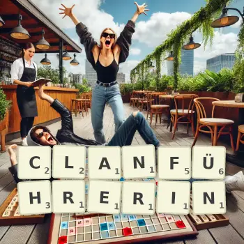 Kreative Illustration für ein Scrabble-Spiel, bei dem das Wort CLANFÜHRERIN mit Steinen auf dem Brett gelegt wurde.