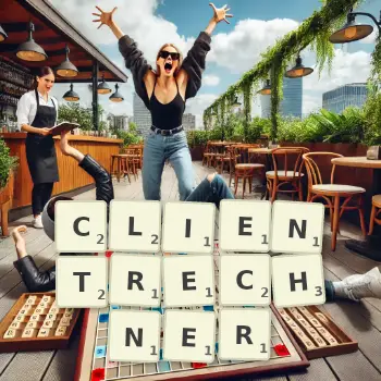 Kreative Illustration für ein Scrabble-Spiel, bei dem das Wort CLIENTRECHNER mit Steinen auf dem Brett gelegt wurde.