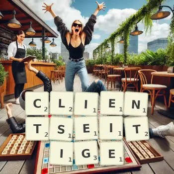 Kreative Illustration für ein Scrabble-Spiel, bei dem das Wort CLIENTSEITIGE mit Steinen auf dem Brett gelegt wurde.