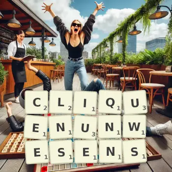Kreative Illustration für ein Scrabble-Spiel, bei dem das Wort CLIQUENUNWESENS mit Steinen auf dem Brett gelegt wurde.