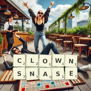 Kreative Illustration für ein Scrabble-Spiel, bei dem das Wort CLOWNSNASE mit Steinen auf dem Brett gelegt wurde.