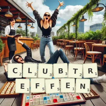 Kreative Illustration für ein Scrabble-Spiel, bei dem das Wort CLUBTREFFEN mit Steinen auf dem Brett gelegt wurde.